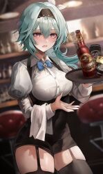 Rule 34 | 1girl, alternate costume, aqua hair, asymmetrical hair, bar (place), bar stool, barmaid, beer bottle, beer can, black garter straps, black hairband, black shorts, black thighhighs, blue bow, blue bowtie, blurry, blurry background, blush, bow, bowtie, breasts, buttons, can, collared shirt, colorless (shachiwhitebb), cowboy shot, dress shirt, drink, drink can, eula (genshin impact), garter straps, genshin impact, glass, gradient eyes, hair between eyes, hairband, hand up, heart, heart-shaped pupils, high-waist shorts, highres, holding, holding tray, juliet sleeves, large breasts, long sleeves, looking at viewer, motion blur, multicolored eyes, open mouth, puffy sleeves, shirt, shorts, solo, stool, suspender shorts, suspenders, symbol-shaped pupils, taut clothes, taut shirt, thighhighs, thighs, tray, underbust, white shirt