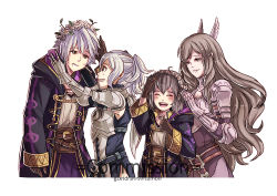 Rule 34 | 1boy, 3girls, armor, breastplate, brown hair, closed eyes, family, father and daughter, fire emblem, fire emblem awakening, grey hair, grin, gzei, head wreath, morgan (female) (fire emblem), morgan (fire emblem), mother and daughter, multiple girls, nintendo, pauldrons, robin (fire emblem), robin (male) (fire emblem), shoulder armor, siblings, simple background, sisters, smile, sumia (fire emblem), white background