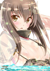 Rule 34 | 10s, 1girl, 2015, artist name, blush, brown eyes, brown hair, d:, dated, flat chest, hair between eyes, headband, headgear, highres, kantai collection, light particles, long sleeves, looking at viewer, open mouth, parted lips, partially submerged, short hair, signature, simple background, solo, taihou (kancolle), ugeppa, upper body, wet, wet clothes, white background