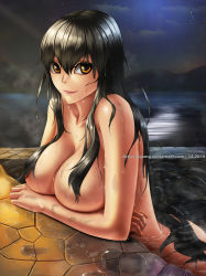 Rule 34 | 10s, 1girl, 2015, afloat, artist name, bathing, black hair, breast rest, breasts, brown eyes, cleavage, closed mouth, cloud, convenient censoring, dripping, fingernails, floating hair, hair between eyes, hair censor, hair over breasts, highres, huge breasts, lips, long hair, looking at viewer, mountain, night, night sky, nude, ocean, onsen, original, outdoors, partially submerged, rock, shiny skin, sky, smile, solo, star (sky), starry sky, steam, stone floor, tsurime, upper body, very long hair, water, water drop, wet, yiqiang