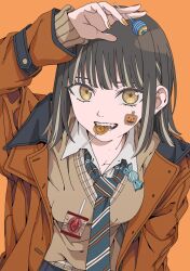 Rule 34 | 1girl, blonde hair, blue necktie, breasts, brown hair, candy, candy wrapper, collarbone, collared shirt, commentary, fangs, fingernails, food, food in mouth, haku geroda, halloween, hand up, holding, holding candy, holding food, holding lollipop, jack-o&#039;-lantern, jacket, lollipop, long eyebrows, long sleeves, looking at viewer, medium breasts, medium hair, multicolored hair, nail polish, necktie, open mouth, orange background, orange jacket, original, pleated skirt, school uniform, shirt, simple background, skirt, solo, sticker, sticker on face, striped necktie, sweater vest, swept bangs, teeth, tongue, two-tone hair, upper body, white shirt, yellow eyes