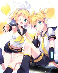 Rule 34 | 1boy, 1girl, aqua eyes, balloon, belt, black shorts, blonde hair, blush, brother and sister, collarbone, commentary, detached sleeves, feet out of frame, finger to mouth, glowing, grin, hair ornament, hair ribbon, hairclip, headphones, headset, heart balloon, highres, index finger raised, kagamine len, kagamine rin, leg warmers, looking at viewer, nail polish, necktie, one eye closed, outstretched hand, ribbon, sailor collar, short hair, shorts, siblings, sitting, smile, treble clef, twins, vocaloid, white ribbon, yellow belt, yellow nails, yellow neckwear, yomogi komegura