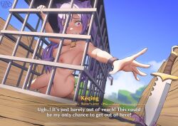 Rule 34 | 1girl, artist logo, ass, breasts, cage, chain, collar, dialogue box, dutch angle, english text, genshin impact, in cage, keqing (genshin impact), knife, lattetrouble, lock, long hair, medium breasts, nipples, nude, prisoner, purple eyes, purple hair, serrated knife, slave, solo, twintails, wagon