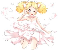 Rule 34 | 1girl, aikatsu!, aikatsu! (series), bare arms, bare shoulders, blonde hair, blue eyes, blush, boots, collarbone, commentary request, dress, flower, flower ornament, full body, high heel boots, high heels, highres, kneeling, looking at viewer, ok sign, one eye closed, rose, saegusa kii, sekina, simple background, solo, twintails, wedding dress, white background, white flower, white rose