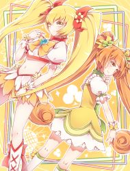 Rule 34 | 10s, 2girls, anthiea, back-to-back, bad id, bad pixiv id, blonde hair, boots, bow, brooch, color connection, cure rosetta, cure sunshine, dokidoki! precure, floral print, flower, heart, heart brooch, heartcatch precure!, highres, jewelry, knee boots, looking back, midriff, multiple girls, myoudouin itsuki, navel, orange bow, orange hair, precure, sunflower, twintails, weapon, yellow bow, yellow eyes, yotsuba alice
