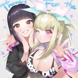 Rule 34 | 2girls, arm around shoulder, bikini, black eyes, black hair, black shirt, blonde hair, blunt bangs, blush, bow, breasts, commentary request, fuzuki fuuro, grin, hair bow, hands on own cheeks, hands on own face, highres, large breasts, looking at viewer, milestone celebration, multiple girls, one eye closed, one side up, original, pink eyes, puckered lips, shirt, shrug (clothing), smile, swimsuit, upper body