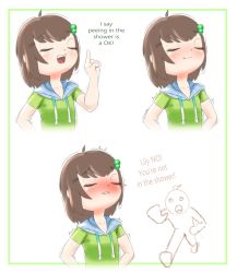 Rule 34 | ahoge, artist request, blue hood, blush, brown hair, closed eyes, closed mouth, collarbone, ears, english text, exclamation mark, eyebrows, finger up, freckles, green hair ornament, green outline, green shirt, hand up, hands on own hips, indie virtual youtuber, lily hopkins, lip biting, medium hair, motion lines, multicolored clothes, multicolored shirt, open mouth, outline, peeing, shirt, simple background, teeth, tongue, upper body, upper teeth only, virtual youtuber, white background