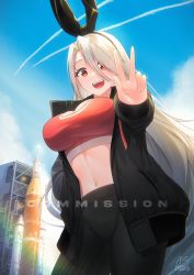 Rule 34 | 1girl, :d, acrylicstroke, alternate costume, animal ears, azur lane, black jacket, black pants, blue sky, braid, breasts, cloud, cloudy sky, commission, crop top, gym uniform, hair ribbon, hand in pocket, hand on own hip, highres, jacket, large breasts, long hair, open mouth, pants, prinz heinrich (azur lane), rabbit ears, red eyes, ribbon, rocket, sky, smile, solo, tight clothes, tight pants, v, very long hair, white hair