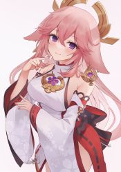 Rule 34 | 1girl, absurdres, animal ears, armpit crease, bare shoulders, blush, commentary request, cowboy shot, detached sleeves, earrings, floppy ears, floral print, flower knot, fox ears, fox shadow puppet, genshin impact, hair between eyes, hand up, highres, japanese clothes, jewelry, long hair, long sleeves, looking at viewer, nail polish, nontraditional miko, pink hair, pink nails, purple eyes, red skirt, ribbon trim, shirt, sidelocks, simple background, sinonomemikann, skirt, sleeveless, sleeveless shirt, solo, tassel, thighs, turtleneck, white background, white shirt, white sleeves, wide sleeves, yae miko