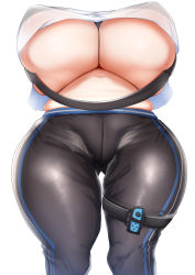 Rule 34 | 1girl, breasts, chomikuplus, cowboy shot, curvy, dawn (chomikuplus), from below, gigantic breasts, hair ornament, hairclip, highres, joy-con, navel, original, pants, plump, ring fit adventure, see-through, shiny clothes, shiny skin, shirt, skin tight, skindentation, solo, standing, thick thighs, thighs, underboob, white shirt, wide hips, yoga pants