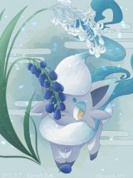 Rule 34 | alternate color, animal focus, artist name, blue background, blue flower, blue hair, blue theme, bright pupils, character name, creatures (company), dated, egasumi, english text, flower, full body, fur collar, game freak, half-closed eyes, highres, hisuian zorua, lemonade kokoi, lily of the valley, long hair, looking to the side, multicolored hair, nintendo, no humans, one eye covered, pokemon, pokemon (creature), shiny pokemon, signature, solo, standing, twitter username, two-tone hair, white flower, white hair, white pupils, yellow eyes