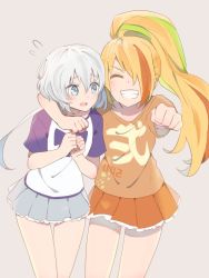 Rule 34 | 2girls, blonde hair, blue eyes, clenched hands, commentary request, closed eyes, green hair, grin, hair between eyes, hair over one eye, high ponytail, konno junko, long hair, low twintails, miniskirt, multicolored hair, multiple girls, nikaidou saki, orange hair, shirt, simple background, skirt, smile, sou (tuhut), streaked hair, t-shirt, twintails, white hair, zombie land saga