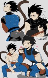 Rule 34 | 1boy, bandages, barefoot, black hair, db ciel, denim, dragon ball legends, food, heart, ice cream, jeans, male focus, monkey tail, pants, scratching, shallot (dragon ball), topless male, tail