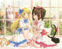 Rule 34 | 2girls, :d, ahoge, animal, animal ears, beret, black cat, black hair, blue bow, blush, bosack, bow, brown eyes, cat, cat ears, cat girl, cat tail, center frills, chair, closed mouth, collared dress, commentary, commission, dress, english commentary, flower, frills, hair between eyes, hair bow, hat, looking at viewer, low twintails, multiple girls, open mouth, original, pillow, pink bow, puffy short sleeves, puffy sleeves, red bow, red eyes, rocking chair, round teeth, short sleeves, sitting, smile, star (symbol), tail, tail bow, tail ornament, teeth, twintails, upper teeth only, wariza, watermark, white dress, white flower, white headwear, window