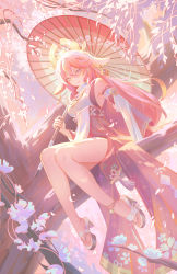 Rule 34 | 1girl, animal ears, armpit crease, bare legs, bare shoulders, blouse, breasts, cherry blossoms, closed mouth, commentary, detached sleeves, dress, falling petals, fox ears, from below, full body, genshin impact, grin, hair between eyes, highres, holding, holding umbrella, jessica wijaya, legs, long hair, looking at viewer, medium breasts, oil-paper umbrella, petals, pink hair, purple eyes, sandals, shirt, sitting, sleeveless, sleeveless dress, smile, solo, sunlight, thighs, tree, turtleneck, turtleneck dress, umbrella, white dress, white shirt, wide sleeves, yae miko