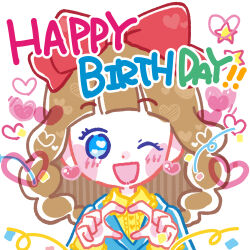 1girl absurdres bemani blue_eyes blue_jacket blunt_bangs blush_stickers bow brown_hair dot_nose earrings eyelashes hair_bow happy_birthday heart heart_earrings heart_hands highres jacket jewelry long_hair long_sleeves looking_at_viewer one_eye_closed open_mouth pop&#039;n_music red_bow rie-chan shirt solo uminonagisa upper_body white_background yellow_shirt