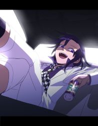 Rule 34 | 1boy, :d, black hair, can, car interior, checkered necktie, collared shirt, danganronpa (series), danganronpa 10th anniversary costume, danganronpa v3: killing harmony, fanta, from below, highres, holding, holding can, jacket, letterboxed, long sleeves, looking at viewer, necktie, nk ndr bu, open clothes, open jacket, open mouth, oma kokichi, pants, purple eyes, purple hair, purple shirt, shirt, sitting, smile, solo, teeth, tongue, upper teeth only, white jacket, white pants