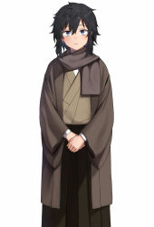 Rule 34 | 1boy, black hair, blue eyes, brown hakama, brown haori, brown kimono, brown scarf, commentary, cowboy shot, expressionless, hakama, haori, highres, japanese clothes, kimono, long sleeves, looking at viewer, medium hair, original, orochi itto, own hands together, scarf, simple background, solo, straight-on, symbol-only commentary, white background