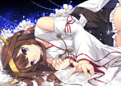 Rule 34 | 10s, 1girl, bare shoulders, black skirt, brown hair, commentary, detached sleeves, flower, hairband, headgear, japanese clothes, kantai collection, kongou (kancolle), kongou kai ni (kancolle), long hair, lying, nontraditional miko, on side, petals, purple eyes, ribbon-trimmed skirt, ribbon-trimmed sleeves, ribbon trim, sheita, skirt, smile, solo, white flower, wide sleeves