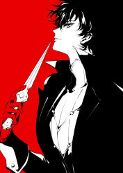 Rule 34 | 1boy, amamiya ren, dagger, eyelashes, from side, gloves, holding, holding dagger, holding knife, holding weapon, knife, limited palette, long sleeves, looking at viewer, male focus, messy hair, parted lips, persona, persona 5, popped collar, short hair, solo, weapon, zmore