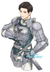 Rule 34 | 1boy, armor, blue eyes, brown hair, chainmail, cropped legs, final fantasy, final fantasy xvi, gloves, holding, holding sword, holding weapon, looking at viewer, lower teeth only, metal gloves, no headwear, ohse, open mouth, plate armor, short hair, shoulder armor, simple background, smile, solo, standing, sword, teeth, terrence (ff16), upper body, weapon, white background