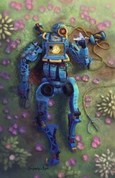 Rule 34 | 1boy, alternator, apex legends, blood, bug, butterfly, butterfly on hand, commentary, damaged, english commentary, flower, grappling hook, gun, head tilt, highres, holding, holding gun, holding weapon, humanoid robot, insect, lying, on back, one-eyed, pathfinder (apex legends), purple flower, red eyes, robot, science fiction, solo, submachine gun, sym (symply sym), twitter username, weapon