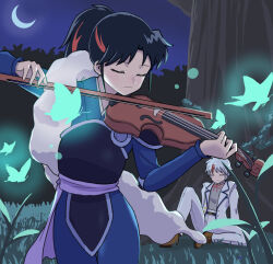 Rule 34 | 2girls, black hair, blue butterfly, bow (music), brown footwear, bug, butterfly, character request, closed eyes, facing viewer, grass, han&#039;you no yashahime, highres, higurashi towa, holding instrument, holding violin, insect, instrument, inuyasha, long sleeves, multicolored hair, multiple girls, night, outdoors, pants, red hair, setsuna (inuyasha), streaked hair, tree, urin (littleurin), violin, white hair, white pants