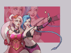 Rule 34 | 2girls, armpits, blue hair, braid, breasts, cleavage, dress, fingerless gloves, gloves, highres, jinx (league of legends), league of legends, lipstick, multiple girls, nail polish, navel, phone, selfie, shorts, sideboob, smile, sona (league of legends), sweetheart sona, twintails, white hair