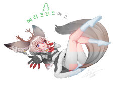 Rule 34 | 1girl, animal ear fluff, animal ears, ankle socks, antlers, artist name, blade &amp; soul, blue eyes, bow, breasts, capelet, christmas, clothing cutout, commentary, commission, cross-laced clothes, cross-laced top, dress, drill hair, drill sidelocks, earrings, english commentary, finger to cheek, frilled gloves, frills, fur-trimmed gloves, fur-trimmed shirt, fur-trimmed skirt, fur-trimmed tube top, fur collar, fur trim, gloves, grey hair, hair bow, heart, highres, horns, jewelry, korean commentary, korean text, large tail, legs, legs up, long tail, looking at viewer, lying, lyn (blade &amp; soul), medium hair, mixed-language commentary, no shoes, on back, outstretched hand, panties, pantyshot, partially colored, pink bow, reaching, reaching towards viewer, red gloves, red nose, red skirt, red tube top, reindeer antlers, santa costume, santa dress, santa gloves, shirt, sidelocks, signature, simple background, single earring, skirt, small breasts, smile, socks, solo, star-shaped pupils, star (symbol), strapless, symbol-shaped pupils, tail, thighs, tjauddla, translation request, tube top, underboob cutout, underwear, upskirt, white background, white panties, white socks
