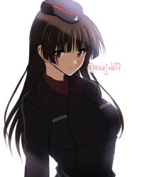 Rule 34 | 1girl, aged down, backlighting, black hat, black jacket, blunt bangs, brown eyes, brown hair, closed mouth, commentary, dress shirt, frown, garrison cap, girls und panzer, hat, insignia, jacket, kuromorimine military uniform, long hair, long sleeves, looking at viewer, military, military hat, military uniform, nanjou satoshi, nishizumi shiho, one-hour drawing challenge, red shirt, shirt, simple background, solo, straight hair, twitter username, uniform, upper body, white background, wing collar