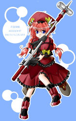 Rule 34 | 00s, 1girl, ankle boots, armor, armored boots, beret, blue eyes, boots, braid, full body, graf eisen, hammer, hat, holding, holding weapon, long hair, looking at viewer, lyrical nanoha, mahou shoujo lyrical nanoha, mahou shoujo lyrical nanoha a&#039;s, milestone celebration, red hair, solo, spikes, standing, twin braids, vita (nanoha), weapon