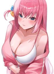 Rule 34 | 1girl, absurdres, blue eyes, blush, bocchi the rock!, bra, breasts, cleavage, coll, cube hair ornament, gotoh hitori, hair ornament, highres, jacket, large breasts, long hair, looking at viewer, luffy (1uffy), partially unzipped, pink hair, pink jacket, sidelocks, simple background, single off shoulder, solo, sweatdrop, track jacket, underwear, unzipping, upper body, very long hair, white background, white bra
