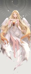 Rule 34 | 1girl, absurdres, angel, angel wings, barefoot, blonde hair, blue eyes, closed mouth, collarbone, dress, feathered wings, full body, grey background, hair between eyes, highres, long hair, looking at viewer, original, sakuma shiki, sleeveless, sleeveless dress, smile, solo, straight hair, torn clothes, torn dress, very long hair, white dress, white wings, wings