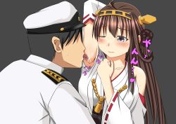 Rule 34 | 10s, 1boy, 1girl, admiral (kancolle), ahoge, arm behind head, bare shoulders, blush, brown hair, detached sleeves, grey background, hairband, hat, highres, japanese clothes, kantai collection, kongou (kancolle), kuroame (kurinohana), licking, licking armpit, long hair, military, military uniform, nontraditional miko, one eye closed, simple background, tongue, translation request, uniform