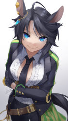 Rule 34 | 1girl, absurdres, animal ears, arm behind back, belt, black gloves, black hair, black jacket, black legwear, black necktie, blue eyes, bowing, breasts, center frills, closed mouth, collared shirt, commentary request, cowboy shot, frills, fuji kiseki (umamusume), glint, gloves, gradient background, grey background, half gloves, highres, horse ears, horse girl, horse tail, isobee, jacket, looking at viewer, medium breasts, medium hair, necktie, open clothes, open shirt, parted bangs, partial commentary, shirt, signature, smile, solo, tail, umamusume