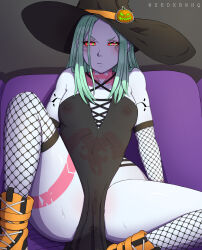Rule 34 | 1girl, absurdres, anus, artist request, ass, body markings, bra, closed mouth, collarbone, colored sclera, covered navel, cowboy shot, cyberpunk (series), cyberpunk edgerunners, dress, expressionless, female focus, flat chest, green eyes, green hair, hair down, hair over face, hat, highres, legs apart, long hair, looking at viewer, nipple piercing, no bra, no panties, partially visible anus, partially visible vulva, piercing, pussy, rebecca (cyberpunk), red sclera, see-through, see-through dress, shaded face, sitting, solo, strapless, sweat, thighs, twitter username, underwear, witch hat