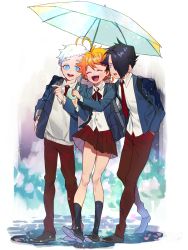 Rule 34 | 1girl, 2boys, ahoge, aqua eyes, backpack, bad id, bad pixiv id, bag, black eyes, black hair, black socks, blue eyes, blue jacket, brown footwear, checkered clothes, checkered neckwear, closed eyes, collared shirt, commentary request, emma (yakusoku no neverland), facing viewer, full body, hair over one eye, hands in pockets, highres, holding, holding umbrella, jacket, kneehighs, long sleeves, looking at viewer, multiple boys, neck ribbon, necktie, norman (yakusoku no neverland), open mouth, orange hair, oushimaru, outdoors, pants, pointing, puddle, ray (yakusoku no neverland), red pants, red ribbon, red skirt, ribbon, school uniform, shirt, shoes, short hair, simple background, skirt, smile, socks, talking, thick eyebrows, umbrella, uniform, walking, white hair, white shirt, yakusoku no neverland