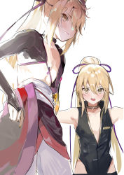 Rule 34 | 1boy, absurdres, ayasaki (module), blonde hair, blush, hair between eyes, hair ribbon, highres, japanese clothes, kagamine len, knife (vocaloid), long hair, looking at viewer, male focus, mask, mask on head, open mouth, ponytail, project diva (series), purple ribbon, ribbon, simple background, sleeveless, sweat, teeth, trap, upper teeth only, very long hair, vocaloid, wumumu, yellow eyes