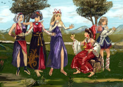 Rule 34 | 5girls, adapted costume, amibazh, apple, arm warmers, ascot, bare shoulders, barefoot, barefoot sandals (jewelry), bow, breasts, cleavage, cloud, day, detached sleeves, dress, faux traditional media, fine art parody, food, fruit, full body, gohei, golden apple, greek mythology, hair bow, hair ornament, hair tubes, hakurei reimu, hat, hat ribbon, holding, holding food, holding fruit, japanese clothes, large breasts, leaf hair ornament, leg warmers, medium breasts, miko, mizuhashi parsee, mob cap, multiple girls, outdoors, parody, pointy ears, red bow, red ribbon, ribbon, ribbon-trimmed sleeves, ribbon trim, sash, sidelocks, sky, smile, touhou, wide sleeves, yagokoro eirin, yakumo yukari, yasaka kanako