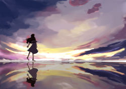 Rule 34 | 1girl, absurdres, barefoot, dress, from behind, highres, horizon, long hair, outstretched arms, reflection, solo, sunset, tianyu jifeng, water