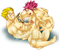 Rule 34 | 2boys, abs, anal, blonde hair, fairy tail, kagami06, laxus dreyar, male focus, male penetrated, multiple boys, muscular, natsu dragneel, pectorals, penis, pink hair, short hair, tattoo, testicles, uncensored, yaoi
