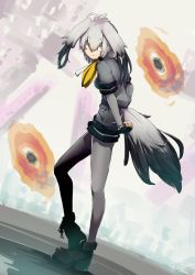 Rule 34 | 10s, 1girl, absurdres, bird tail, black gloves, black hair, blonde hair, bodystocking, full body, gloves, grey shirt, head wings, highres, kemono friends, long hair, low ponytail, multicolored hair, necktie, shirt, shoebill (kemono friends), short sleeves, shorts, side ponytail, solo, standing, tail, wings, yellow eyes, zetamanas atman