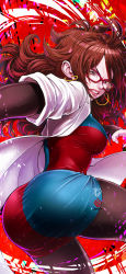 Rule 34 | 1girl, absurdres, android 21, ass, black pantyhose, blue eyes, breasts, brown hair, clenched teeth, coat, dragon ball, dragon ball fighterz, earrings, from behind, highres, hoop earrings, jewelry, kanchiyo, lab coat, large breasts, long bangs, looking back, messy hair, pantyhose, solo, taut clothes, teeth, wavy hair, white coat