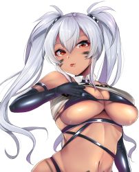 Rule 34 | 1girl, :p, absurdres, alabama (azur lane), azur lane, bandeau, bandeau lift, bikini, black bikini, black gloves, breasts, commentary, dark-skinned female, dark skin, elbow gloves, facial mark, gloves, hair between eyes, highres, large breasts, lifting own clothes, long hair, looking at viewer, midriff, navel, red eyes, sendou hachi, silver hair, simple background, skindentation, solo, stomach, swimsuit, tongue, tongue out, twintails, upper body, whisker markings, white background