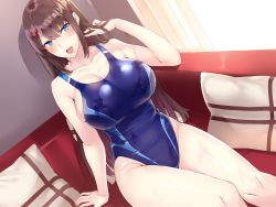 Rule 34 | 1girl, absurdres, bare arms, bare legs, blue eyes, blue one-piece swimsuit, blush, breasts, brown hair, cleavage, collarbone, commentary request, competition swimsuit, couch, curtains, cushion, hand in own hair, highres, kaerunoashi, large breasts, long hair, looking at viewer, non-web source, one-piece swimsuit, open mouth, original, sidelocks, sitting, solo, swimsuit, taut clothes, taut swimsuit, teeth, thighs, upper teeth only, very long hair, wet, window