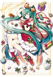 Rule 34 | 1girl, :3, armband, bell, bow, box, candy, candy cane, christmas, christmas ornaments, christmas stocking, commentary, dress, english commentary, fenghu (huli), food, footwear bow, full body, fur-trimmed dress, fur-trimmed footwear, fur-trimmed gloves, fur trim, gift, gift box, gloves, hair bell, hair bow, hair ornament, hand up, hatsune miku, high heels, highres, holding, holding sack, holding star, holly, leaf, merry christmas, one eye closed, red dress, red footwear, red gloves, sack, santa costume, sleeveless, sleeveless dress, smile, star (symbol), striped, striped background, vocaloid