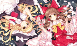 Rule 34 | 2girls, apron, black dress, blonde hair, blush, book, hugging book, bow, bowtie, braid, brown hair, collarbone, detached sleeves, dress, frilled sleeves, frills, gohei, hair bow, hair tubes, hakurei reimu, hat, hat bow, holding, holding book, japanese clothes, kirisame marisa, long hair, long sleeves, looking at viewer, lying, miko, mochizuki shiina, multiple girls, nontraditional miko, hugging object, ofuda, on back, oonusa, parted lips, puffy short sleeves, puffy sleeves, red bow, red shirt, red skirt, ribbon-trimmed sleeves, ribbon trim, rotational symmetry, shirt, short sleeves, side braid, sidelocks, skirt, skirt set, sleeveless, sleeveless shirt, smile, star (symbol), touhou, waist apron, white bow, wide sleeves, witch hat, yellow bow, yellow bowtie, yellow eyes