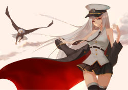 Rule 34 | 1girl, absurdres, animal, azur lane, bare arms, bare shoulders, belt, bird, black coat, black necktie, black thighhighs, breasts, buttons, closed mouth, cloud, cloudy sky, coat, collared shirt, cowboy shot, eagle, enterprise (azur lane), eyelashes, floating hair, flying, grey hair, hands up, hat, highres, leg belt, legs together, long hair, looking at viewer, medium breasts, miniskirt, necktie, ocarino, off shoulder, open clothes, open coat, outstretched arm, peaked cap, pleated skirt, purple eyes, shirt, skirt, sky, sleeveless, sleeveless shirt, solo, standing, swept bangs, thigh gap, thigh strap, thighhighs, very long hair, white belt, white hat, wind