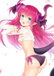 Rule 34 | 1girl, :o, absurdres, ass, bikini, black bikini, blue eyes, breasts, cowboy shot, curled horns, elizabeth bathory (fate), elizabeth bathory (fate/extra ccc), fate/extra, fate/extra ccc, fate (series), highres, horns, long hair, long sleeves, looking at viewer, looking back, nipples, no bra, open mouth, petals, pink hair, pointy ears, saliva, sannio, see-through, shirt, side-tie bikini bottom, simple background, small breasts, solo, standing, swimsuit, tail, thighs, undressing, wet, wet clothes, wet shirt, white background