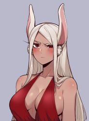 Rule 34 | 1girl, 7a (se7ena), animal ears, bare shoulders, blush, boku no hero academia, breasts, cleavage, collarbone, commentary, dark-skinned female, dark skin, dress, frown, grey background, hair over shoulder, highres, large breasts, long eyelashes, long hair, looking at viewer, mirko, parted bangs, rabbit ears, rabbit girl, raised eyebrow, red dress, red eyes, sideboob, solo, symbol-only commentary, uneven eyes, upper body, white hair